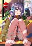  1girl absurdres ahoge artist_name bare_legs barefoot bench black_shorts blue_eyes blurry blurry_background blush brown_jacket commission depth_of_field english_commentary eyelashes falling_leaves feet file112056 full_body hand_up headphones highres holding inohara_koboshi jacket knees_together_feet_apart knees_up leaf legs long_hair mixed-language_commentary multicolored_clothes multicolored_scarf nintendo_switch ongeki open_mouth outdoors purple_hair scarf second-party_source short_shorts shorts sidelocks sitting soles solo swept_bangs thighs toe_scrunch toes 