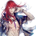  1boy air_bubble artist_name blue_shirt bubble character_request check_character closed_eyes closed_mouth fate/grand_order fate_(series) fingernails floating_hair floral_print hair_between_eyes highres koshika_rina long_hair male_focus muscular muscular_male open_clothes open_shirt pectorals red_hair shirt short_sleeves sidelocks simple_background solo tristan_(fate) upper_body watch white_background wristwatch 