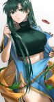  1girl blue_dress breasts commentary_request cowboy_shot crop_top delsaber dress earrings fire_emblem fire_emblem:_the_blazing_blade gradient_background green_eyes green_hair green_shirt grey_background highres jewelry large_breasts long_hair looking_at_viewer lyn_(fire_emblem) midriff parted_lips shirt solo standing thighs very_long_hair white_background 