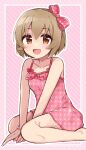  1girl barefoot bead_bracelet beads bow bracelet brown_eyes brown_hair camisole collarbone commentary flat_chest hair_between_eyes hair_bow highres idolmaster idolmaster_cinderella_girls jewelry koga_koharu legs light_blush looking_at_viewer open_mouth pink_background pink_bow pink_camisole polka_dot_camisole short_hair sidelocks sitting smile solo striped striped_background thighs tko0 wariza 