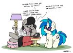  armchair blue_hair bobthedalek chair dialogue earth_pony end_table english_text equid equine eyewear footstool friendship_is_magic fur furniture grey_body grey_fur hair hasbro hi_res horn horse mammal my_little_pony octavia_(mlp) phone pony sunglasses text unicorn vinyl_scratch_(mlp) white_body white_fur 