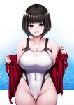  1girl bare_shoulders black_hair blue_eyes blush breasts cleavage competition_swimsuit covered_navel highleg highleg_swimsuit highres ishimiso_(ishimura) large_breasts leotard looking_at_viewer one-piece_swimsuit original short_hair simple_background skin_tight smile solo swimsuit thighs thong_leotard white_one-piece_swimsuit 