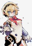  1girl :o aegis_(persona) android blonde_hair blue_eyes cowboy_shot headphones highres looking_at_viewer outstretched_arm persona persona_3 red_ribbon ribbon sanu_(numenume_7) short_hair simple_background solo standing white_background 