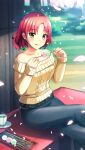  1girl belt black_belt black_pants blue_gemstone blurry blurry_background braid cherry_blossoms closed_mouth crossed_legs dango day doukyuusei_another_world food gem green_gemstone hair_ornament hanami holding kakyuusei_2 long_sleeves medium_hair off-shoulder_sweater off_shoulder outdoors pants red_hair ribbed_sweater sitting solo sweater tongue tongue_out wagashi wakai_misaki yellow_eyes yellow_gemstone yellow_sweater 