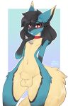  absurd_res ambiguous_gender animal_genitalia animal_penis anthro biped black_body black_fur black_hair blue_body blue_fur border canine_genitalia canine_penis flaccid front_view fur generation_4_pokemon genitals girly hair hi_res lucario nintendo penis pokemon pokemon_(species) red_eyes sheath simple_background solo tan_body tan_fur toxicmilkyx white_border 