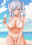  1girl absurdres beach bikini blue_eyes blue_sky breasts cleavage cloud commentary_request cowboy_shot day food grey_hair highres horizon ice_cream ice_cream_cone kamiya_tadato kantai_collection kashima_(kancolle) large_breasts long_hair ocean one-hour_drawing_challenge outdoors sidelocks sky soft_serve solo swimsuit twintails wavy_hair white_bikini 