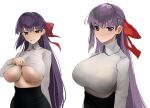  1girl bb_(fate) bb_(fate/extra) black_skirt blush breasts closed_mouth clothes_lift collared_shirt fate/extra fate/extra_ccc fate_(series) grin hair_ribbon high-waist_skirt highres large_breasts long_hair long_sleeves looking_at_viewer multiple_views obazzotto purple_eyes purple_hair red_ribbon ribbon shirt skirt smile underboob very_long_hair white_shirt 