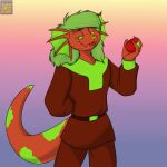  1:1 ambiguous_gender anthro apple blep clothed clothing darnathi food foxenawolf fruit gradient_background green_hair green_nose hair isla_aukate plant red_body red_clothing simple_background solo tongue tongue_out 