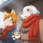  1:1 anthro beverage bird_dog blush can candy canid canine canis chocolate clothed clothing coat container dessert dogsled_club domestic_dog duo food fuyuki_shiroda hi_res hot_chocolate hunting_dog looking_up male mamejirou_shibata mammal retriever scarf shiba_inu snow snowing spitz teenager topwear tsuchinoko_(artist) young 