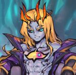  1boy abs black_sclera blonde_hair collarbone colored_sclera colored_skin crown eye_tattoo green_eyes grey_background grey_skin grin jacket league_of_legends long_hair male_focus off_shoulder parted_bangs phantom_ix_row purple_jacket smile solo soul_fighter_viego teeth upper_body viego_(league_of_legends) 