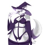  anthro canid canine canis clothing domestic_dog female fox fur genitals grey_body grey_fur halloween hat headgear headwear hi_res holidays husky hybrid magic magic_user mamavixy mammal nordic_sled_dog pinup pose purple_body purple_fur pussy sexy_eyes solo spitz witch witch_costume witch_hat 