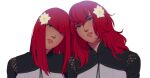  2girls blunt_bangs commentary devola eyebrows_hidden_by_hair flower green_eyes hair_flower hair_ornament hanpetos head_tilt multiple_girls nier:automata nier_(series) parted_lips popola red_hair siblings sisters straight_hair twins wavy_hair 