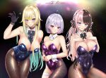  3girls aizawa_ema bare_shoulders between_breasts black_bow black_bowtie black_choker black_gloves black_hair black_nails black_pantyhose blonde_hair blue_bow blue_bowtie blue_eyes blue_gemstone blue_leotard blunt_bangs bob_cut bow bowtie breasts brown_pantyhose cat_earrings choker closed_mouth colored_inner_hair covered_navel detached_collar ear_piercing earrings fishnet_pantyhose fishnets gem gloves gradient_hair green_hair grey_hair hair_flaps hair_ornament hairclip hands_on_own_chest highleg highleg_leotard highres jewelry lace lace_choker large_breasts leaning_forward leotard long_hair looking_at_viewer medium_breasts multicolored_hair multiple_girls o-ring o-ring_choker pantyhose piercing pink_eyes pink_hair playboy_bunny prsdubstep purple_leotard short_hair side-tie_leotard signature single_leg_pantyhose smile split-color_hair star_(sky) strapless strapless_leotard streaked_hair tachibana_hinano_(vtuber) thighhighs tosaki_mimi twintails two-tone_hair very_long_hair virtual_youtuber vspo! white_thighhighs wing_collar wrist_cuffs x_hair_ornament 