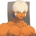  1boy bara broad_shoulders character_request dark-skinned_male dark_skin dungeon_and_fighter expressionless hair_between_eyes male_focus medium_hair muscular muscular_male nikism nipples nude pectorals pointy_ears sidelocks solo stomach thick_eyebrows two-tone_background upper_body white_hair 