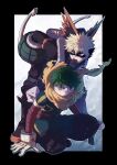  2boys alternate_eye_color arms_at_sides artist_name baggy_pants bakugou_katsuki behind_another belt belt_pouch bent_over black_border black_footwear black_mask black_pants blonde_hair blue_background blue_bodysuit blue_eyes blue_gloves bodysuit boku_no_hero_academia boots border buckle canister cape cel_shading chromatic_aberration colored_shoe_soles combat_boots commentary explosive eye_mask film_grain floating_cape freckles frown full_body gloves green_hair grenade hair_between_eyes hand_on_floor hand_on_ground hand_on_own_hip headgear high_collar highres knee_boots knee_pads leaning_forward legs_apart light looking_to_the_side male_focus midoriya_izuku multicolored_background multiple_boys official_alternate_costume open_mouth orange_gloves outline outside_border pants pixiv_username pouch red_belt red_eyes remsor076 sanpaku serious short_hair sidelighting single_horizontal_stripe single_vertical_stripe snap-fit_buckle spiked_hair squatting torn_cape torn_clothes turning_head twitter_username two-tone_bodysuit two-tone_gloves utility_belt v-shaped_eyebrows white_background white_gloves white_outline yellow_bodysuit yellow_cape 