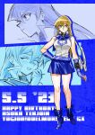  1girl 203wolves absurdres bare_shoulders belt birthday blonde_hair blue_background blue_footwear blue_gloves blue_sailor_collar blue_skirt boots breasts buttons character_name closed_mouth commentary_request dated duel_academy_uniform_(yu-gi-oh!_gx) duel_disk fingerless_gloves full_body gloves hair_between_eyes happy_birthday high_collar high_heel_boots high_heels highres large_breasts legs long_hair looking_at_viewer miniskirt sailor_collar shirt signature skirt sleeveless sleeveless_shirt smile standing straight_hair tenjouin_asuka turtleneck yellow_eyes yu-gi-oh! yu-gi-oh!_gx 