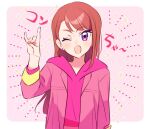  1girl asymmetrical_bangs brown_hair commentary_request earrings hijiri_ageha hirogaru_sky!_precure hood hoodie jacket jacket_over_hoodie jewelry kodamari long_hair one_eye_closed open_clothes open_jacket open_mouth pink_hoodie pink_jacket precure purple_eyes solo 