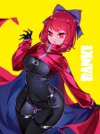  1girl :/ absurdres adapted_costume akatsuki_records bow breasts cape covered_navel hair_bow hand_up highres large_breasts looking_at_viewer raptor7 red_cape red_eyes red_hair rock_&#039;n&#039;_rock_&#039;n&#039;_beat sekibanki short_hair simple_background sleeves_past_wrists solo swept_bangs thigh_gap touhou tsurime wide_hips yellow_background 