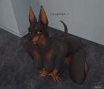  &lt;3 anthro antira bedroom_eyes black_body black_fur breasts brown_body brown_fur canid canine canis dialogue dobermann domestic_dog female floor fur good_girl half-closed_eyes hi_res looking_at_viewer mammal narrowed_eyes nipples nude on_four on_ground pinscher seductive smile solo tile tile_floor tongue tongue_out 