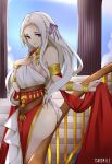  1340smile 1girl alternate_costume armlet blue_sky bracelet column commentary cowboy_shot dancer_(three_houses) day dress edelgard_von_hresvelg fire_emblem fire_emblem:_three_houses forehead hair_ribbon hand_on_own_chest highres jewelry long_hair looking_at_viewer neck_ring pillar purple_eyes purple_ribbon railing ribbon single-shoulder_dress sky smile solo stairs standing very_long_hair white_dress white_hair 