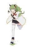  1girl animal_ears ascot buttons clenched_hands closed_mouth coat commentary full_body garter_straps genderswap genderswap_(mtf) grass green_hair hair_between_eyes highres leg_up long_hair n_(anniversary_2021)_(pokemon) n_(pokemon) official_alternate_costume open_clothes open_coat p_(flavorppp) pleated_skirt pokemon pokemon_(game) pokemon_masters_ex red_ascot running shirt skirt solo symbol-only_commentary thighhighs vest white_background white_coat 