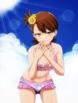  1girl bare_shoulders bikini blue_sky blush breasts brown_eyes brown_hair closed_mouth cloud collarbone cowboy_shot dot_nose flower frilled_bikini frills futami_ami hair_flower hair_ornament hands_up highres idolmaster idolmaster_(classic) idolmaster_million_live! idolmaster_million_live!_theater_days leaning_forward lens_flare looking_at_viewer matcha_kingyo nail_polish navel open_hands pink_bikini pink_nails shell shell_bikini short_hair side_ponytail sky small_breasts smile solo standing sun sunlight swimsuit v-shaped_eyebrows wet yellow_flower 