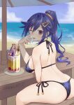  1girl ;p absurdres age_progression alternate_breast_size alternate_hairstyle ankokuboshi_kurome ass beach between_legs bikini blue_hair blush breast_rest breasts breasts_on_table day eating food food_on_face from_behind hair_between_eyes hair_ornament hairclip hand_between_legs hand_up highres ice_cream kow0117 large_breasts licking licking_finger long_hair looking_at_viewer looking_back neptune_(series) one_eye_closed outdoors ponytail purple_eyes shin_jigen_game_neptune_vii side-tie_bikini_bottom solo swimsuit thighs tongue tongue_out very_long_hair 