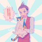  1boy ? ace_attorney animal antenna_hair apollo_justice blush breast_pocket brown_eyes brown_hair cat cat_testicles collared_shirt cowboy_shot green_necktie highres holding holding_animal holding_cat lapel_pin lapels male_focus mikeko_(ace_attorney) necktie open_mouth ouse_(otussger) pants pastel_colors pocket red_pants red_vest shirt short_hair sleeves_rolled_up solo speech_bubble thick_eyebrows vest white_shirt 
