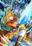  1girl armor blonde_hair blue_eyes breasts dress full_armor gloves long_hair maya_schrodinger official_art one_eye_closed phima ribbon smile wild_arms wild_arms:_million_memories wild_arms_3 