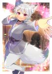  animal_ear_fluff animal_ears black_bow blurry blurry_background bow closed_mouth commentary_request commission depth_of_field fang fang_out grey_hair hair_between_eyes kou_hiyoyo long_sleeves looking_at_viewer original outstretched_arm red_eyes satyr skeb_commission smile tail wide_sleeves 