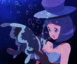  1girl :d air_bubble bare_shoulders battle_chatelaine blue_eyes blue_hair blush_stickers bob_cut breasts bubble cleavage collarbone commentary_request evelyn_(pokemon) eyelashes gloves hat lumineon open_mouth parted_bangs pokemon pokemon_(creature) pokemon_(game) pokemon_xy short_hair smile strapless top_hat underwater yajuuraku 