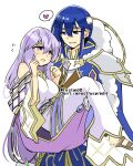  1boy 1girl bare_shoulders blue_eyes blue_hair breasts brother_and_sister cape carrying circlet dress fire_emblem fire_emblem:_genealogy_of_the_holy_war fur_trim headband julia_(fire_emblem) long_hair open_mouth princess_carry purple_eyes purple_hair sandals seliph_(fire_emblem) siblings white_headband yukia_(firstaid0) 