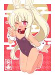  1girl ;d animal_ear_fluff animal_ears bare_legs bare_shoulders barefoot blonde_hair blush chinese_zodiac covered_navel dark-skinned_female dark_skin egasumi full_body full_moon hand_up heart heart-shaped_pupils highres leotard looking_at_viewer masurao_(sekaiju) masurao_2_(sekaiju) moon naga_u one_eye_closed outline ponytail purple_leotard rabbit_ears red_background red_eyes sekaiju_no_meikyuu sekaiju_no_meikyuu_5 short_eyebrows smile solo symbol-shaped_pupils thick_eyebrows v white_outline wrist_cuffs year_of_the_rabbit 