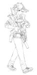  1girl alma01 army assault_rifle bulletproof_vest combat_helmet denim ear_protection flashlight glaring gloves greyscale gun handgun headphones helmet highres holding holding_gun holding_weapon holster jacket jeans long_bangs looking_at_viewer military_jacket military_uniform monochrome night_vision_device original pants radio_antenna rifle scope shoes sketch sleeves_rolled_up sneakers strap suppressor uniform watch weapon weapon_request white_background wristwatch 