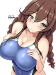  1girl black_one-piece_swimsuit blue_one-piece_swimsuit blush braid breasts brown_hair competition_swimsuit covered_navel dated french_braid green_eyes highleg highleg_swimsuit highres impossible_clothes kantai_collection large_breasts long_hair looking_at_viewer montemasa multicolored_clothes multicolored_swimsuit noshiro_(kancolle) one-hour_drawing_challenge one-piece_swimsuit smile swimsuit twin_braids twitter_username two-tone_swimsuit 