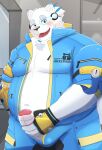 2023 absurd_res anthro belly big_belly black_nose blush canid canine canis detailed_background domestic_dog erection genitals hi_res humanoid_hands inugamihito kemono lifewonders live_a_hero male mammal moobs navel overweight overweight_male penis solo white_body yohack 