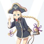  1girl binoculars blonde_hair blue_eyes blush_stickers braid closed_mouth hair_ribbon hat highres kaien_advance long_hair looking_at_viewer patty_fleur pirate_hat ribbon solo tales_of_(series) tales_of_vesperia twin_braids v 