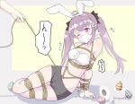  1girl absurdres animal_ears bare_shoulders blush bound breasts cloth_gag collarbone colored_sclera easter_egg egg english_commentary fake_animal_ears full_body gag gagged glaring hand_on_floor highres improvised_gag olivia_(tiedtiki) original over_the_nose_gag purple_hair rabbit_ears rape red_eyes shibari sitting small_breasts sound_effects struggling tied_up_(nonsexual) tiedtiki twintails 