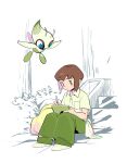  1boy aged_down breast_pocket buttons celebi closed_mouth collared_shirt commentary drawing green_eyes green_pants hak_ahl looking_down male_focus pants pocket pokemon pokemon_(anime) pokemon_(classic_anime) pokemon_(creature) pokemon_4ever_-_celebi:_the_voice_of_the_forest samuel_oak shirt shoes short_sleeves sitting writing 