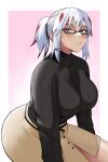  1girl artist_name black_sweater blue_eyes boku_no_hero_academia border breasts glasses gud0c highres large_breasts long_sleeves multicolored_hair red_hair sidelocks skirt solo streaked_hair sweater todoroki_fuyumi white_border white_hair 