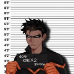  1boy batman_(series) bodysuit calladraws1 damian_wayne dc_comics domino_mask english_commentary english_text gloves height_chart highres holding holding_sign looking_at_viewer male_child male_focus mask mugshot orange_gloves robin_(dc) sign solo teeth 