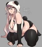  1girl :o agawa_ryou animal_ears animal_hood bare_shoulders barefoot breasts bright_pupils cleavage grey_background hood huge_breasts long_hair looking_at_viewer open_mouth original panda_ears panda_hood plump simple_background sleeveless solo thick_thighs thighhighs thighs 