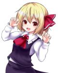  1girl :d ascot black_skirt black_vest blonde_hair commentary_request fang hair_ribbon highres long_sleeves looking_at_viewer matelia open_mouth red_ascot red_eyes red_ribbon ribbon rumia shirt short_hair simple_background skirt smile solo touhou vest white_background white_shirt 