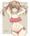  1girl arms_behind_head artist_name bikini breasts brown_eyes cleavage collarbone cowboy_shot dated double_bun frilled_bikini frills from_side gakky hair_bun kantai_collection light_brown_hair long_hair michishio_(kancolle) navel one-hour_drawing_challenge red_bikini side-tie_bikini_bottom small_breasts smile solo swimsuit 