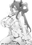  1girl arknights artist_name bare_shoulders bikini blush breasts cleavage collarbone food ge-b greyscale hair_rings highres holding holding_food horn_ornament horns large_breasts long_hair long_sleeves melting monochrome navel nipples no_bra official_alternate_costume open_mouth popsicle see-through side-tie_bikini_bottom sidelocks simple_background sitting solo star_(symbol) surtr_(arknights) surtr_(colorful_wonderland)_(arknights) swimsuit thigh_strap tongue tongue_out white_background 
