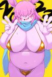  akitaka anthro background_text big_breasts bikini blush breasts clothing double_v_sign ears_up female front_view fur gesture hair lagomorph leporid long_hair mammal micro_bikini open_mouth overweight pink_body pink_fur pink_hair rabbit simple_background slightly_chubby smile solo standing swimwear v_sign yellow_background yellow_bikini yellow_clothing yellow_swimwear 