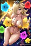  1girl bare_shoulders bikini blonde_hair blue_eyes blush breasts cleavage collarbone commentary crown earrings enma_(enmanuelart) grin hair_over_one_eye highres jewelry large_breasts long_hair looking_at_viewer luma_(mario) mario_(series) navel rosalina smile star_(symbol) star_earrings super_mario_galaxy swimsuit symbol-only_commentary thigh_gap thighs wand yellow_bikini 