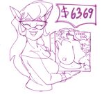  2023 anthro bare_shoulders big_breasts big_nipples box breasts callie_briggs clothed clothed_anthro clothed_female clothing container currency_amount currency_symbol dbaru digital_drawing_(artwork) digital_media_(artwork) dollar_sign domestic_cat english_text eyebrows eyelashes eyes_closed eyewear felid feline felis female glasses hair hanna-barbera head_turned holding_box holding_container holding_object long_hair mammal monochrome navel nipples number open_mouth open_smile plus_sign price prick_ears purple_and_white shirt sketch small_nose smile smiling_at_viewer solo swat_kats symbol teeth text text_on_box topless topless_anthro topless_female topwear 