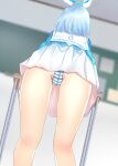 1girl arona_(blue_archive) blue_archive blue_hair from_behind from_below halo panties ribbon rikatan school_uniform serafuku skirt solo striped table thighs underwear white_ribbon white_skirt 