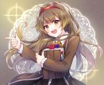 1girl book bookmark bow bowtie brown_bow brown_bowtie brown_coat brown_eyes brown_hair coat collared_shirt commentary hairband holding holding_book index_finger_raised library_of_ruina long_hair long_sleeves looking_at_viewer malkuth_(project_moon) mikoto0x0 open_mouth pointing project_moon red_hairband shirt sidelocks smile solo sparkle upper_body white_shirt 